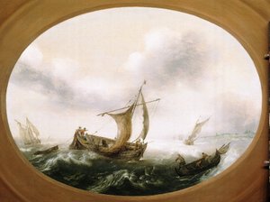 Dutch Fishing Boats Caught in a Big Breeze, a Smaller Boat, Sails Down, on the Right, with Fishermen Pulling the Nets by Hans Goderis