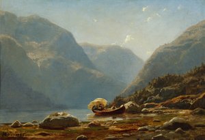 Fjord Landscape with People in Rowing Boat