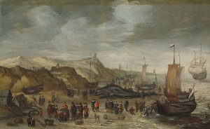 A Sperm Whale Washed up on the Beach at Noordwijk, 28 December 1614 by Hans Savery (I) (attributed to)