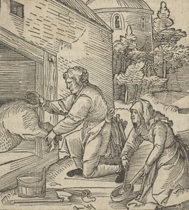 A Farmer Slaughtering a Hog, from Hymmelwagen auff dem, wer wol lebt by Hans Schäufelein the Elder