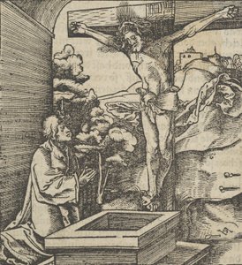 A Man Praying before a Crucifix, from Hymmelwagen auff dem, wer wol lebt..., 1517 by Hans Schäufelein the Elder