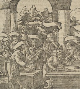 The Making of Armours, from Hymmelwagen auff dem, wer wol lebt by Hans Schäufelein the Elder