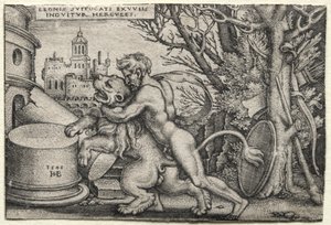 The Labors of Hercules: Hercules Strangling the Nemean Lion by Hans Sebald Beham