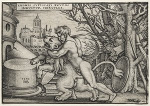 The Labors of Hercules: Hercules Strangling the Nemean Lion by Hans Sebald Beham