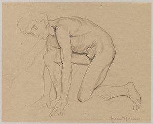 Nude Man with Mustache, Kneeling, Shown in Profile by Hans Thoma