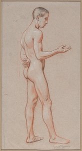 Nude Youth with Outstretched Arm, Standing in Profile by Hans Thoma
