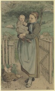 Peasant Girl with a Child in Her Arms Standing by a Wooden Fence by Hans Thoma