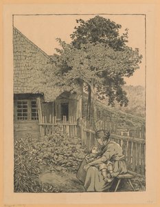 Woman with Child Sitting in a Garden in Front of a House in the Black Forest