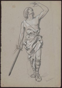 Man in Robe with Exposed Torso, Hunting Horn at Side and Sword in Right Hand by Hans Thoma