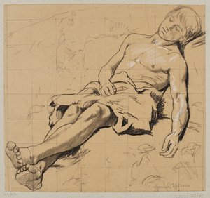 Half-Naked Shepherd Wearing a Loincloth, Sleeping in a Meadow by Hans Thoma