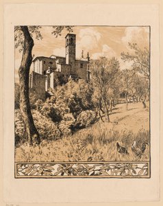 View of St. Nicholas the Wonderworker Church on the Hill in Gardone Riviera by Lake Garda, Lombardy with Olive Branch Motif Border