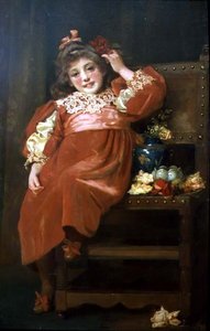 A Full Length Portrait of a Pretty Young Girl in a Red Dress, Reclining in a Chair