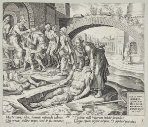 Blessed are the Merciful. Tobit Burying the Dead, Clothing the Naked and Feeding the Hungry by Harmen Jansz. Muller
