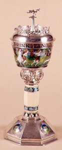 Loving cup and cover, applied ornament with ivory stem, c.1905-09 by Harold Stabler