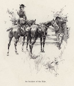 Horse riders pausing to open a gate by Harrison Fisher