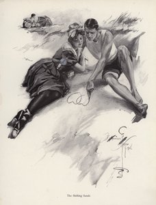 Two lovers drawing hearts in the sand at the beach by Harrison Fisher