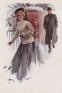 Young Woman Waiting to Throw Snowballs at a Man by Harrison Fisher