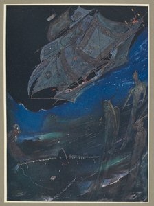 An illustration showing a ship at sea, and fish below it.