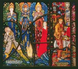 Detail from the Geneva Window depicting The Demi Gods by James Stephens and Juno and the Paycock by Sean OCasey