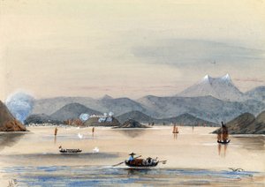 The HMS Tribune finding its way on the Chuenpee River in Canton (China), with rowing boats and Chinese junks