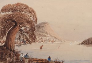 View of a coastal city with tree and figures in the foreground by Harry Edmond Edgell