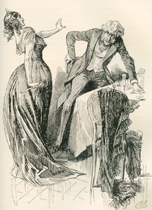 Edith and Mr. Carker. "He was coming gaily towards her, when, in an instant, she caught the knife up from the table, and started one pace back. "Stand still," she said, "or I shall murder you!" Illustration by Harry Furniss for the Charles Dickens Novel