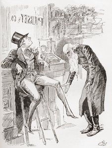 Fledgeby and Mr. Riah in the Counting House. "Perched on the Stool with His Hat Cocked on His Head and One of His Legs Dangling, the Youth of Fledgeby Hardly Contrasted to Advantage with the Age of the Jewish Man, with His Bare Head Bowed, and His Eyes On by Harry Furniss