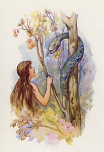 Eve stood looking at the Serpent in wonder by Harry George Theaker