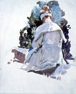 Woman in a White Dress Sitting Upon Rocks by Harry Watson