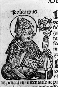 Portrait of Saint Polycarp of Smyrna, Bishop. Engraving from Chronicles of Nuremberg by Schedel Hartmann by Hartmann Schedel