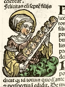 Representation of Saint Felicite, martyrdom in Rome with the heads of his seven children. Xylography of Hartmann Schedel 