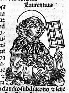 Saint Laurent holding in his hand the grill, an instrument of his martyrdom. Engraving from the “Liber Chronicarum by Hartmann Schedel” by Hartmann Schedel