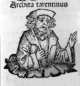 The Greek philosopher Archytas of Taranto (435-347 BC), Pythagorean philosopher, mathematician, astronomer. Xylography of 
