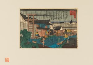 Woodblock print - Rain scene at kita-shinchi in Osaka. People with umbrellas, 19th century