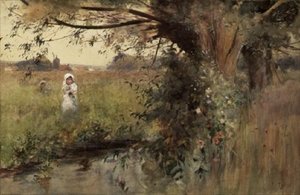 Collecting Flowers by the Stream by Hector Caffieri