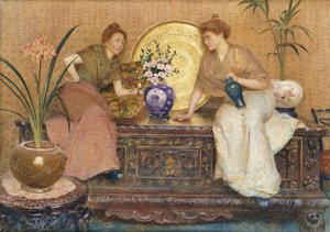 Two Ladies Sitting on a Chest by a Cairo Ware Tray and a Vase of Flowers by Hector Caffieri