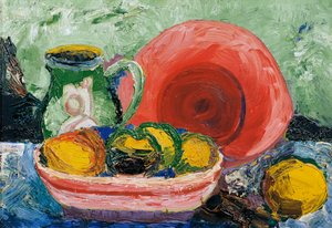 Still Life with Red Plate, Jug, and Lemon by Hedwig Wagner