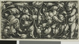 A Double Scroll of Leaf Ornament with a Putto Standing on the Right by Heinrich Aldegrever