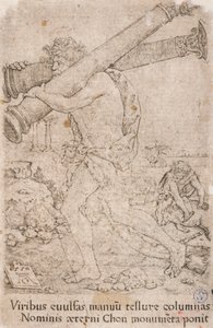 Hercules Carrying the Columns of Gades, from the Series: The Labours of Hercules (12) by Heinrich Aldegrever