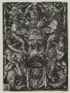 Ornament Design with a Mask, A Couple of Tritons, and Two Children Below by Heinrich Aldegrever