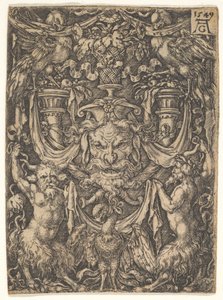 Ornamental Design with a Mask and an Eagle between Two Fauns Below by Heinrich Aldegrever