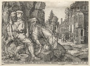 The Parable of the Good Samaritan: The Good Samaritan Putting the Traveler on His Donkey, 1554 by Heinrich Aldegrever