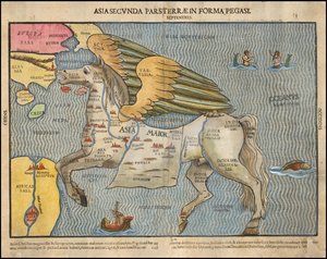 Ca. 1581 Pictorial Map by Heinrich Bünting, Depicting Asia as Pegasus
