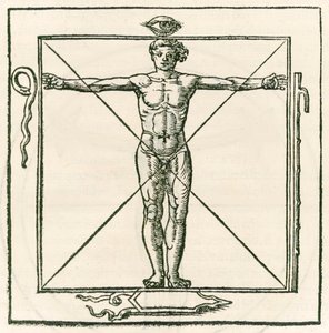 Man in a Square Surrounded by Symbols of the Eye, Snake, Seven Section Staff and Shield. Engraving from Heinrich Cornelius Agrippa von Nettesheim (1486-1535) De Occulta Philosophia Libri Tres by Heinrich Cornelius Agrippa von Nettesheim
