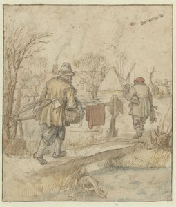 Return of the Duck Hunters / verso: Sketches of Ships and of a Man in Winter Clothing by Hendrick Avercamp