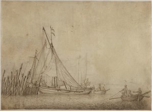 Ships at a Fishing Weir with a City in the Background