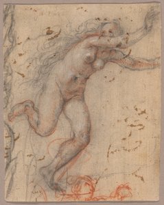 A Nude Female Figure Fleeing to the Right with Arms Outstretched, with Sketch of a Bust of Secondary Figure (recto); A Sketch of a Nude, Kneeling Female Figure, Supported by Another Standing (verso) by Hendrick Goltzius