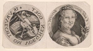 Bust of a Woman holding a Flute, and Musical Instruments, on one sheet by Hendrick Goltzius