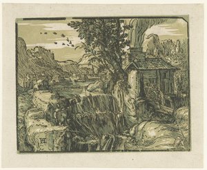 Landscape with Waterfall (Four Small Landscapes) by Hendrick Goltzius