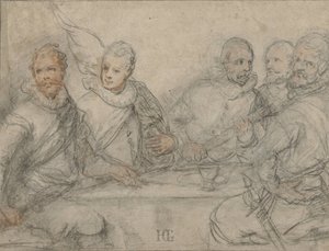 Five Officers, Study for a Militia Meal by Hendrick Goltzius